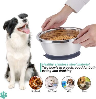 Набори мисок для собак QANIUOS з нержавіючої сталі (2 шт.), неслизькі, об'єм 2200 мл, для великих та середніх собак