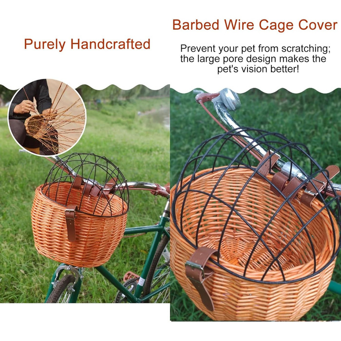 Кошик для тварин на велосипед, плетіння з лози, переноска для собак і котів, передній велосипедний кошик з сіткою, легкий знімний кошик для зберігання, ротанг, коричневий