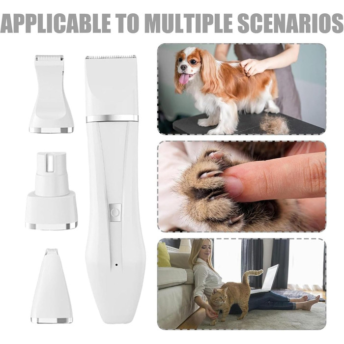 Багатофункціональний бездротовий тихий тример для догляду за тваринами, 4-в-1: тример, триммер для лап, точилка для нігтів. Підходить для собак, котів та інших дрібних тварин (білий)