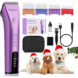 Професійний набір для догляду за шерстю тварин: собаки, коти, коні. Бездротовий, 5-в-1, тихий, потужний, акумуляторний. Для густої шерсті (фіолетовий)