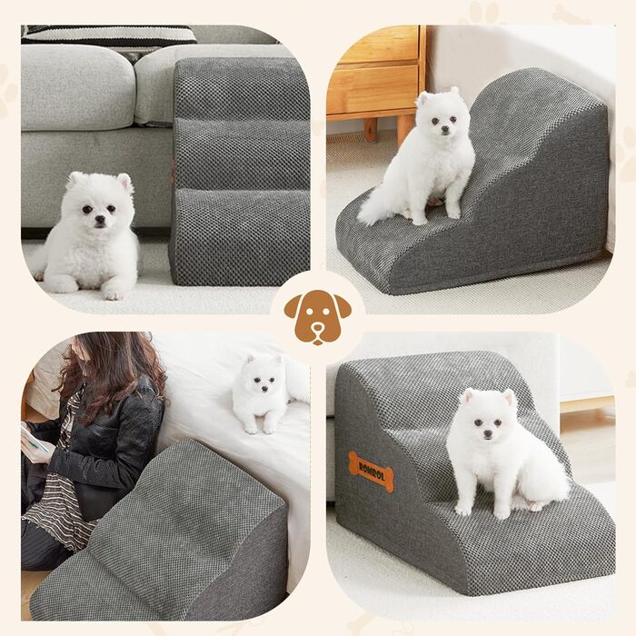 Сходинка для собак та котів Romrol, 3 сходинки, сіра – м'яка, з неслизьким покриттям, для захисту суглобів