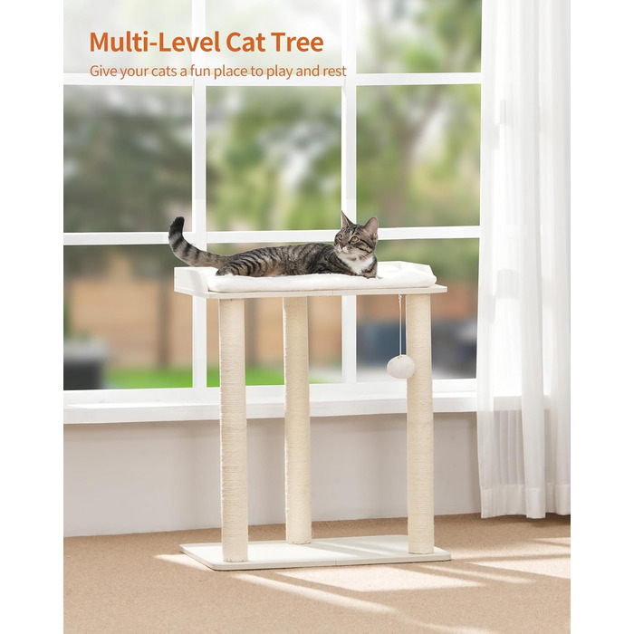 Котячий будиночок-колонна FourFurPets з сизалю, 67,8 см. Ідеально для кішок, велика платформа, три стовпчики для заточування кігтів, білий колір