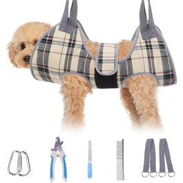 Гамак для грумінгу собак BEAUTYZOO з регульованою шлейкою та сталевим гребінцем, фіксатор для догляду за тваринами для стрижки та укладання, ідеальний підвіс для собак для безпечного та безстресового догляду XS (відстань між ніжками: 1.8-2.9 м / Мак. вага: 6.8 кг) Бежевий