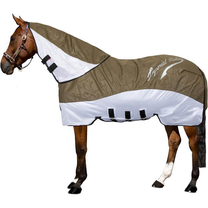 Комбінована попона для коней Imperial Riding Super-Dry 2-в-1: водовідштовхуюча накидка та захист від комах (сітка), з клапаном на животі, оливковий колір, розмір 135