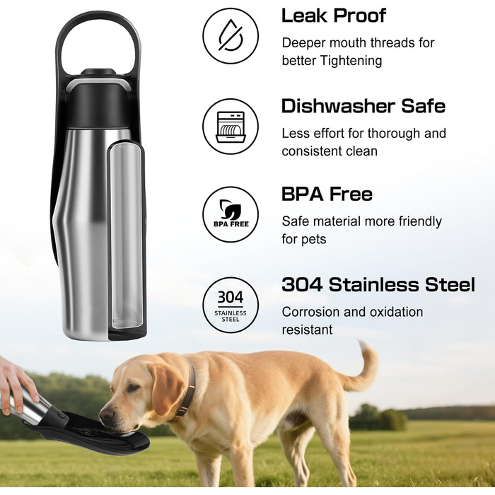 Водяна пляшка для собак на прогулянці - витокозахисна, з нержавіючої сталі, подвійні стінки, вакуумна ізоляція, 750 мл (Чорний)