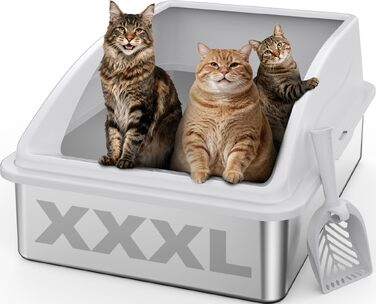 Лоток для котів FURTIME XXXL з нержавіючої сталі, екстра великий туалет для котів (71x51x31 см), сріблястий
