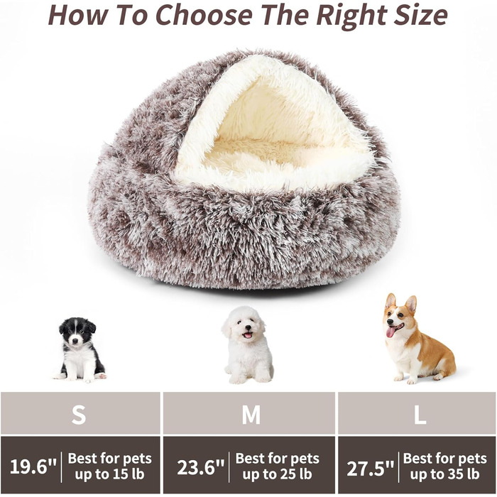 Кругле ліжко для собак та котів з капюшоном, плюшеве, гніздо, самонагріваюче, антистрес, велике (27.5'') коричневе