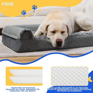 Ортопедичне ліжко для великих собак KSIIA 105x70x18 см, знімний чохол, миюче, три підвищені борти, протиковзка основа, пінистий наповнювач, сірий