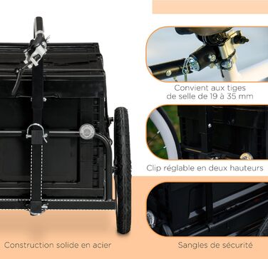 Причіп для велосипеда HOMCOM з ящиком, знімний та складаний, 65 л, колеса та світловідбивачі, максимальне навантаження 40 кг, чорний