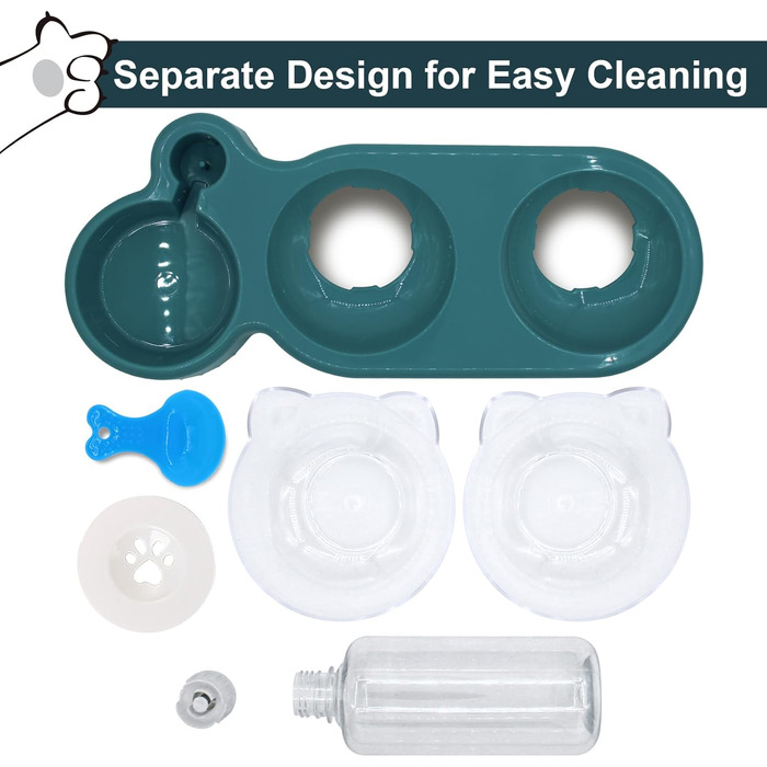 Набір мисок для котів та собак з диспенсером води, киликом та лопаткою, нахил 15°, миски для сухого та вологого корму, темно-синій