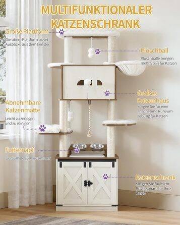 Драбина-кіготь для котів з туалетом, годівницею, 173 см, велика платформа, мотузка сизаль, гамак, знімний килимок, іграшки-кульки, білий та коричневий колір CB89014WT