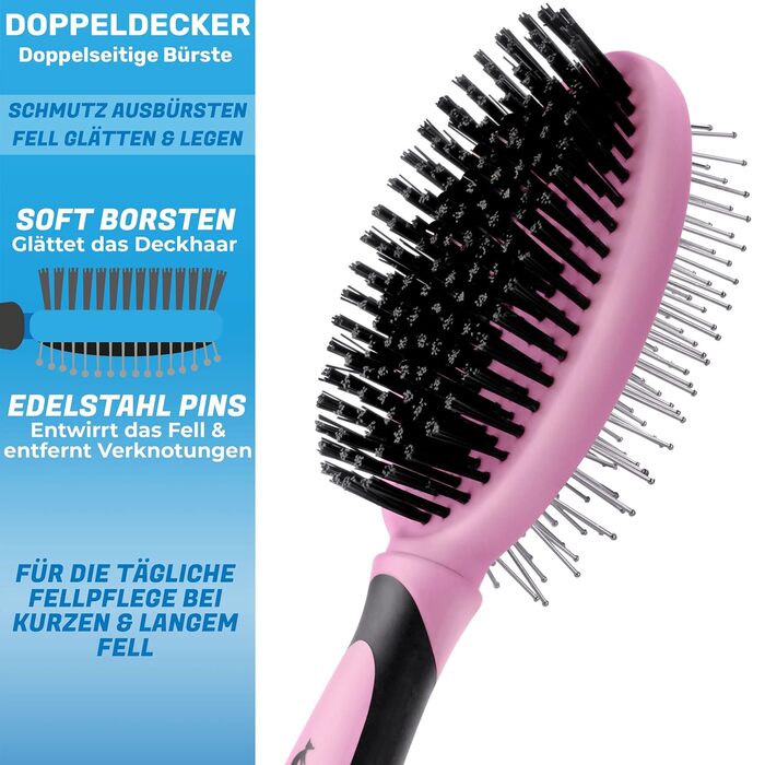 Щітка для собак BluePet 2в1 для довгої та короткої шерсті, для цуценят та котів. Розчісування, вирівнювання, вибирання. Універсальна щітка з щетиною (Рожева, M-L)