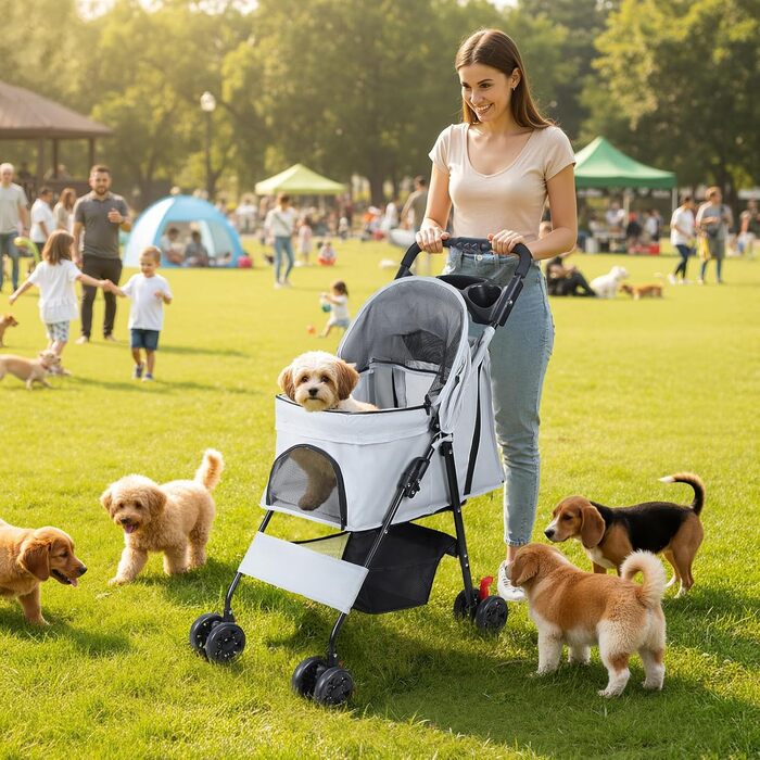 Складаний візок для тварин та дітей з обертовими колесами на 360°, кошиком для зберігання, міцним металевим каркасом та дихаючими сітчастими віконцями – портативний переносник для котів та собак до 22 кг (Сірий)