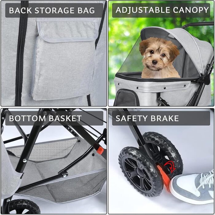 Візок для тварин, візок для собак та котів до 20 кг, чорний. Зручний, з поворотними колесами, кошиком для зберігання та гальмом. Легко складається.