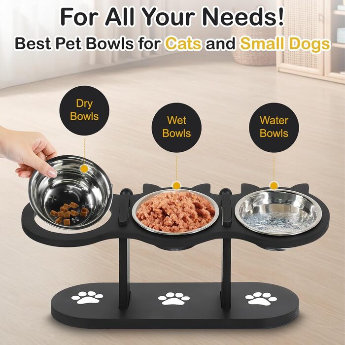 Набір мисок для котів 3 в 1: годівниця, поїлка, підставка. З нержавіючої сталі, з дерев'яною підставкою. Підходить для котів та маленьких собак.