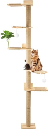 Кігтеточка для котів Youyijia 206 см з натурального каучукового дерева, 5 ярусів, настінна, з розширеною основою, плюшевими кульками, 360° обертання, XXL кігтеточка для котів