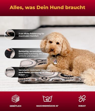 Лежак для собак HS-Hundebett, двосторонній, 65x95 см, антрацит, м'який наповнювач 3 см, для дивану, авто та перенесення, Mandala, вироблено в Німеччині