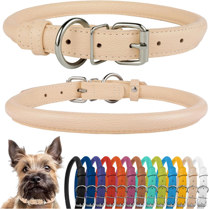 Шкіряний ошийник для собак CollarDirect, круглий, м'який, з роликом, ручної роботи, з натуральної шкіри, чорний, червоний, фіолетовий, синій (бежевий), розмір 15-18 см