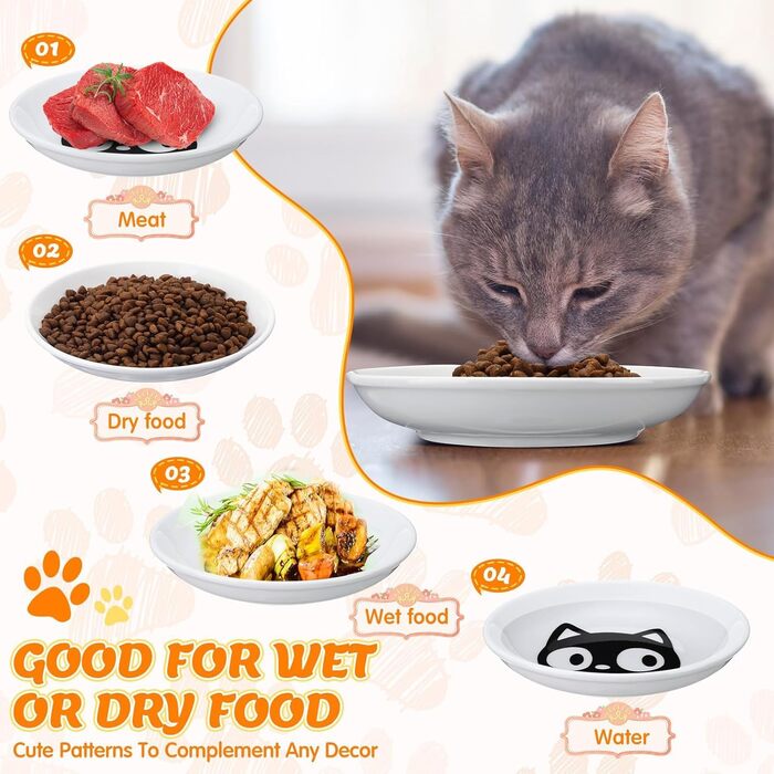 Набір мисок для котів на 6 місць - 6 мисок з кераміки та підставки, широкі миски для котів, що зменшують подразнення вусів, плоскі миски для кошенят та дрібних тварин