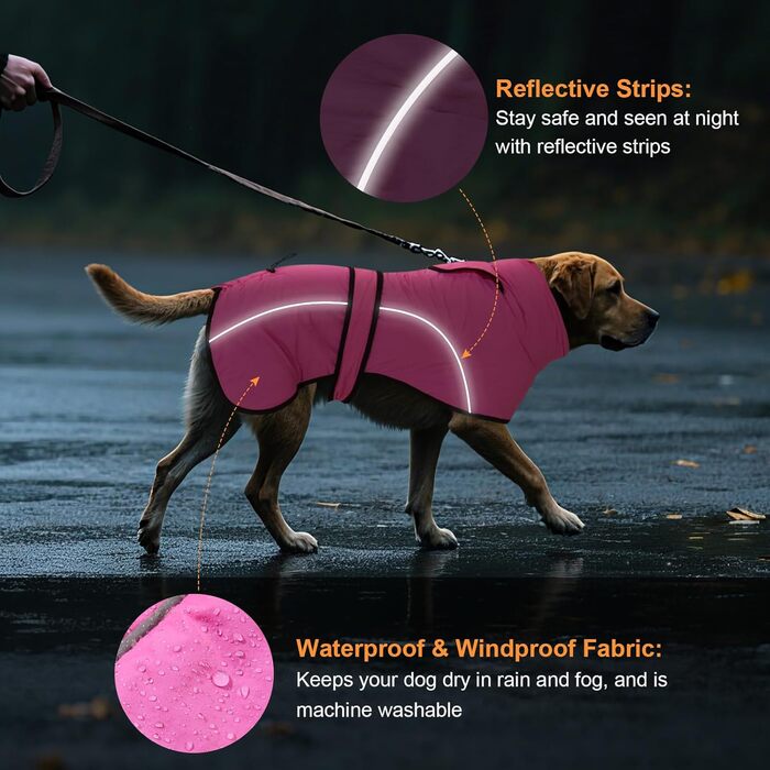 Водонепроникний зимовий одяг для собак Dotoner з повдком: теплий, вітронепроникний, з флісовою підкладкою, для великих собак (S, Рожевий)