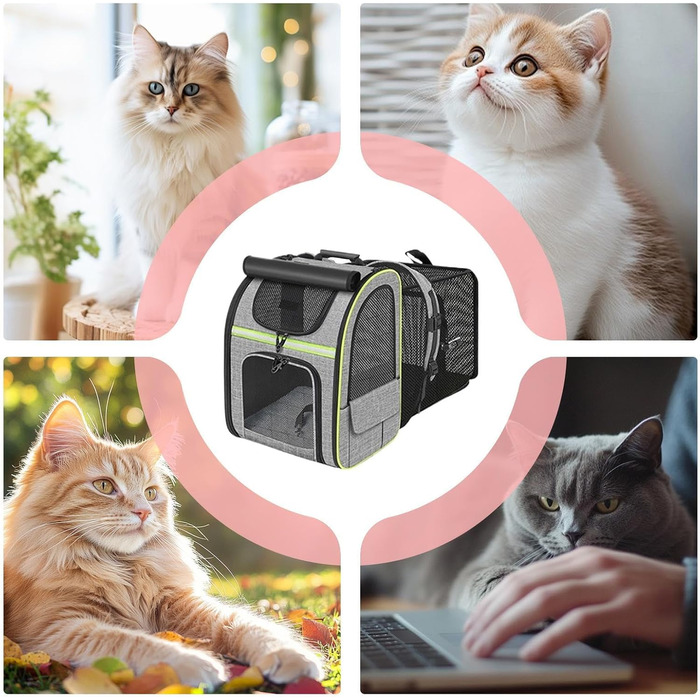 Рюкзак-переноска для котів з висувною мискою – зручна переноска для тварин, дихаюча, складна, для подорожей, прогулянок, транспортування (Сірий з зеленими вставками)