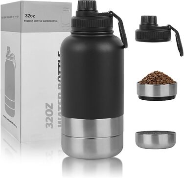 32oz (950 мл) Багатофункціональна пляшка для собак: поїльник, миска для їжі та води, з нержавіючої сталі 304, ізольована, для подорожей, активного відпочинку та прогулянок