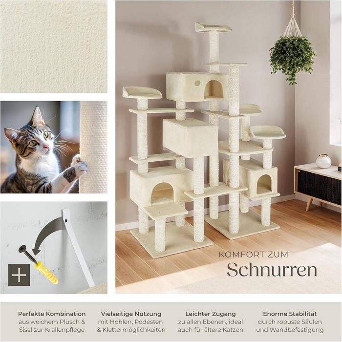 Тектейк® Кігтеточка для котів велика, кігтеточка з аксесуарами, XXL кігтеточка з 4 будиночками, ігровий комплекс з кігтестолом, кігтеточний стовп з сизалю, можливе кріплення до стіни - сірий (Бежевий | № 403919)