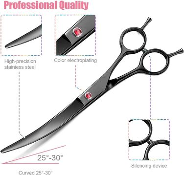 Професійна вигнута ножиця для собак 7,5' - ножиці для грумінгу собак, вигнуті ножиці для шерсті, ергономічна ручка (чорний)