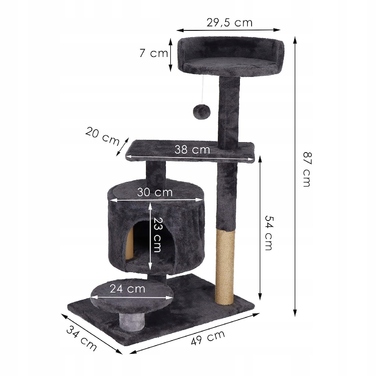 Високий кігтеточка-комплекс для котів Springos, сірий, 4 рівні, сизаль, 61-100 см