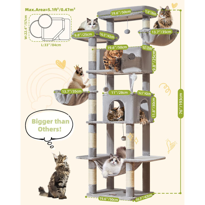 Кігтеточка для котів Taoqimiao 193 см, велика, XXL, з будиночками, гамаком, платформами та 8 стовпчиками для заточування кігтів, сірого кольору MS046W