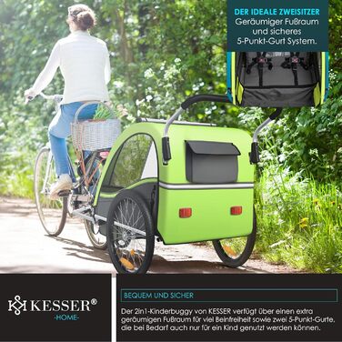 Дитячий велопричіп KESSER Sport-RX 2в1 (візок/велопричіп) для 1-2 дітей, 360° обертання, 5-точкова система кріплення, світловідбивачі, тримач для напоїв та смартфон (світло-зелений)