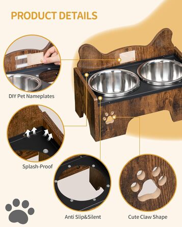 Підвищена годівниця для собак Hzuaneri з двома мисками, нержавіюча сталь, захист від бризок, антиковзаюча, безшумна, для малих та середніх собак, вінтажний коричневий, PB01601B