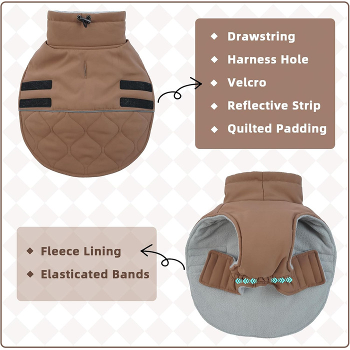Теплий зимовий одяг для собак Французького бульдога, Мопса, Весті: тепла куртка з отвором для шлейки (Колір: Коричневий, Розмір: M)