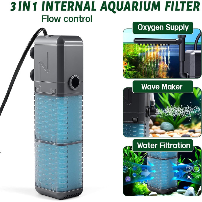 EXLECO Фільтр для акваріума 9W, 800 л/год, вбудований фільтр з 2 змінними губками, регульований фільтр для акваріумів 20-50л, фільтр-насос для акваріумів з розпилювачем