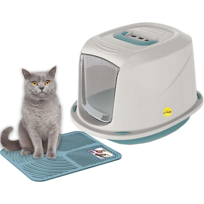 Кігтечка-туалет для котів з кришкою та дверцятами, синій килимок, 57 x 39,5 x 38 см, XL