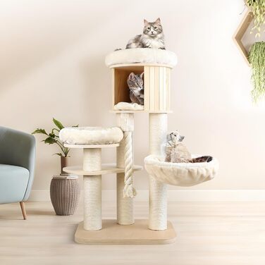 Велика сучасна когтеточка для домашніх котів Rio & Roxy, дерев'яний кітовий комплекс з лежаком, будиночком, драбинкою та гамаками, преміум меблі для кішок