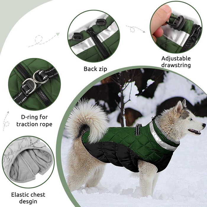 Зимовий теплий нашийник для собак CITE TOILE, великі породи, водонепроникний, з флісовою підкладкою, світловідбиваючий, XL, зелений