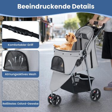 Візок для тварин Costway, розкладний, до 15 кг, для собак та котів, 3 колеса, з м'якою підкладкою, регульованим сонцезахистом, сіткою та кошиком