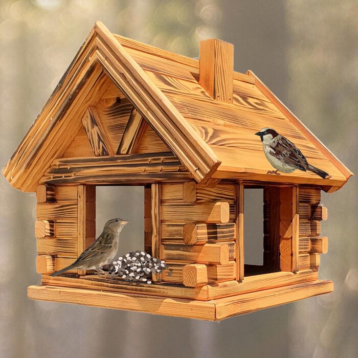 Дерев'яний будиночок для птахів з сосни, вигорілий, годівниця Vogelhaus
