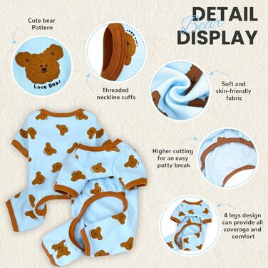 Піжама для собак AXIIJGL, бавовна, еластична, цільнокроєна, зручна, для французького бульдога, X-Large, блакитна, з малюнком ведмедика