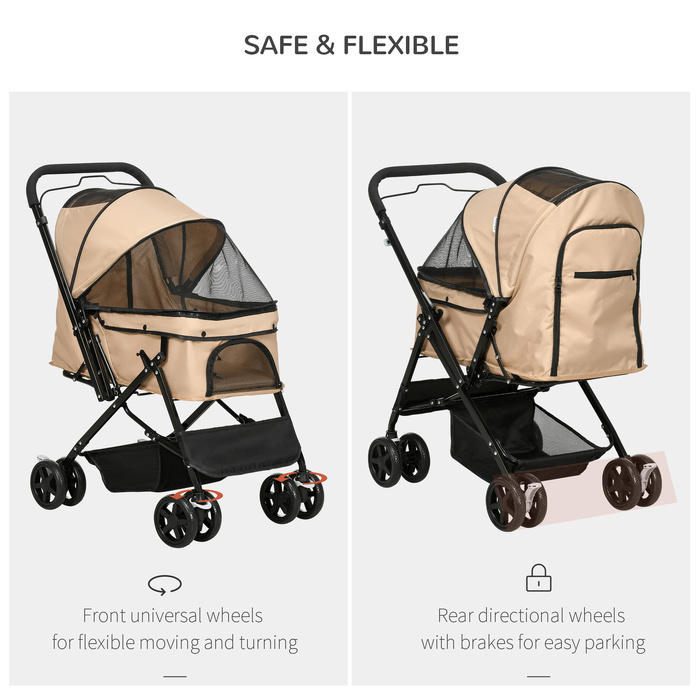 Дитячий візок для собак (buggy), складаний, 1 кошик, 2 гальма, з ременем безпеки, світло-коричневий