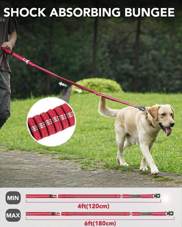 Тактична повідок для собак Joytale, еластична (bungee) повідок з 2 м'якими ручками, автофіксатор, повідок без ривка для собак середніх, великих та екстра-великих порід (1.2м-1.8м, червона)