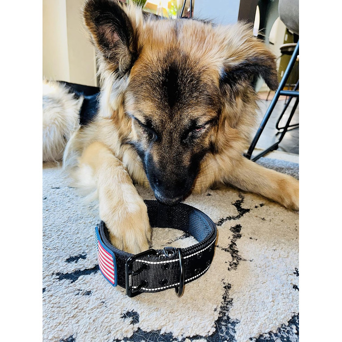 Нашийник для собак K9, тактичний військовий стиль, 5,1 см, міцна нейлонова амуніція для великих порід, з нашивкою прапора США, чорний, розмір 50,8-71,1 см