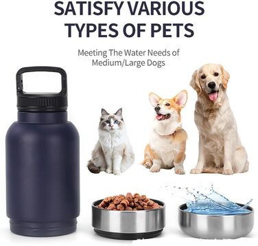Портативна пляшка для собак з мисками для їжі та води, 3-в-1. Ізольована пляшка з нержавіючої сталі для подорожей, прогулянок, походів (глибока). Темно-синій колір.