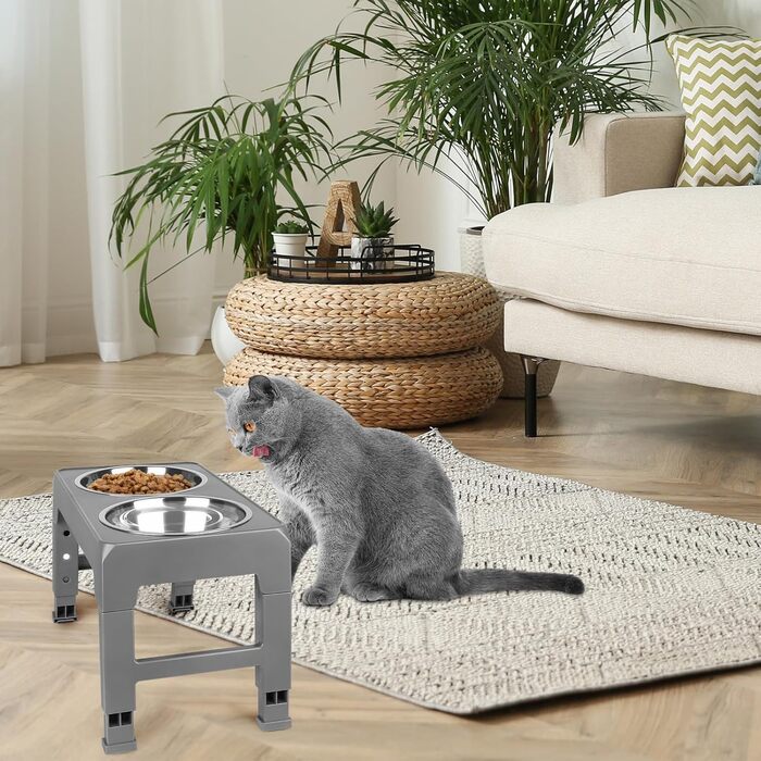Підвищена годівниця для собак та котів з нержавіючої сталі, 2х1.8L, регульована висота, антиковзаюча, сіра (44x24x8 см)