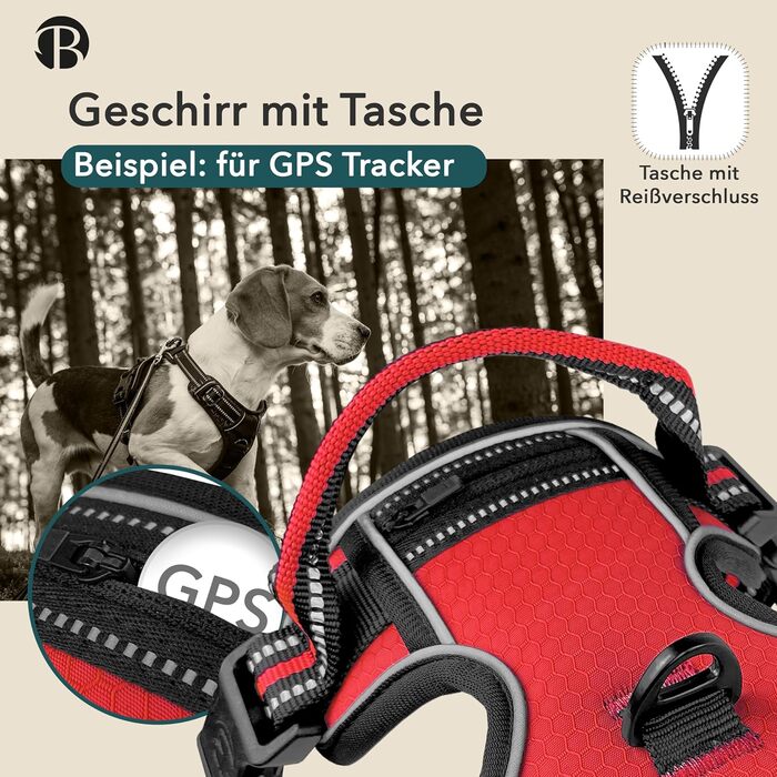 Шлейка для собак середніх порід Bluzelle з ручкою та кишенею для GPS-трекера, світловідбиваюча, дихаюча, зелена (XS, червона)