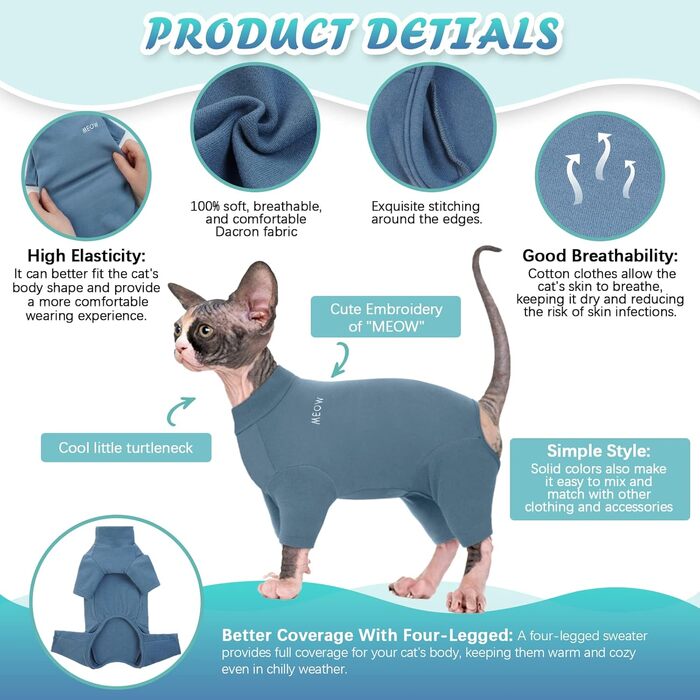 Светр для котів Sphynx, після операції, з чотирма лапами, одяг для котів, універсальний, для Sphynx, Cornish Rex, Devon Rex, Peterbald