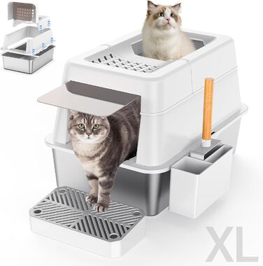 Закрита котяча туалетна XL з нержавіючої сталі з кришкою, для великих котів, з верхнім входом, високими бортами, педаллю, совком і захистом від протікання
