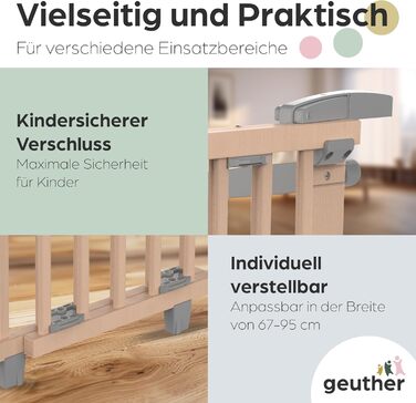 Захист для сходів Geuther Oris | Дверний захист для сходів з кріпленням, ширина 67-95 см | Стабільний захист з розпашною дверцятами | Дерев'яне дитяче гiтер, натуральний лак 67-95 см