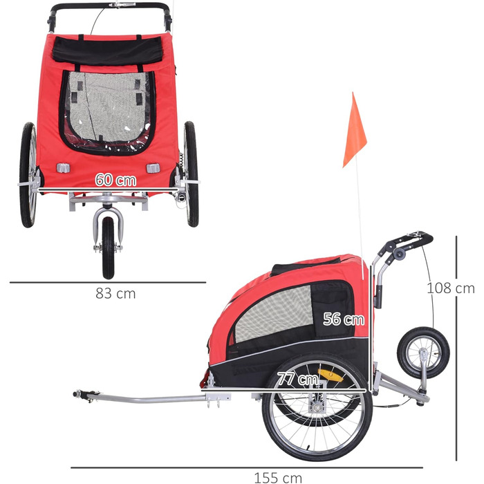 PawHut 2-в-1 Причіп для собак, велосипедний причіп для собак, візок для собак з відбивачами, прапорцем, причіп для собак PawHut, візок для собак, оксфордська тканина, червоний+чорний